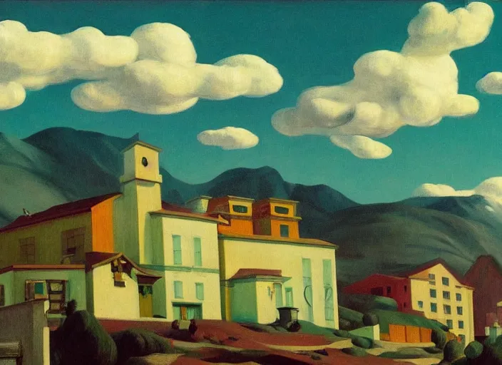 Image similar to alpine village, clouds, bird, open ceiling, strange foreign objects, oil painting by edward hopper, chirico and rene magritte