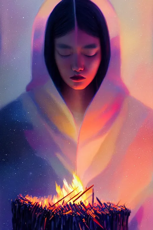 Prompt: 3 d, night, moon rays, close - up, fashion model, bonfire, fireflies, vogue cover style, poster art, high detail, intricate oil painting, multiple exposure, hyperrealism, 3 d, by tooth wu and wlop and beeple and greg rutkowski