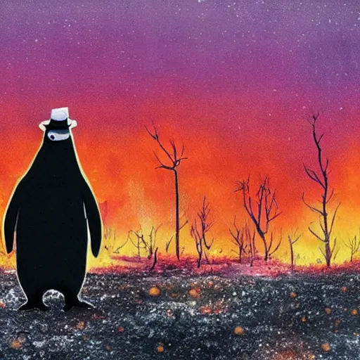 Image similar to penguin with a hat is looking at a burning forest which is sadly beautiful, dystopian cinematic painting, k high detail, with radioactive rain and purple lightnings by aleksandra waliszewska and aoi ogata