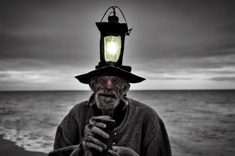 Image similar to closeup old man holding up a lantern on the beach in a pirate bay meet to a old wood shack by emmanuel lubezki