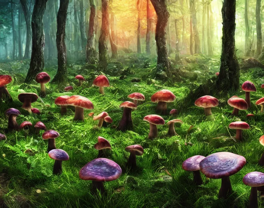 Image similar to trippy eldritch multicolor mushrooms in forest, realistic, beautiful texture, beautiful graphics, fantasy artwork, very beautiful scenery, hd, hdr, ue 5, ue 6, unreal engine 5, cinematic 4 k wallpaper, 8 k, ultra detailed