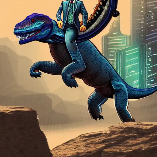 Image similar to detailed intricate colour illustration of a businessman riding a dinosaur, cyberpunk, sci-fi, concept art