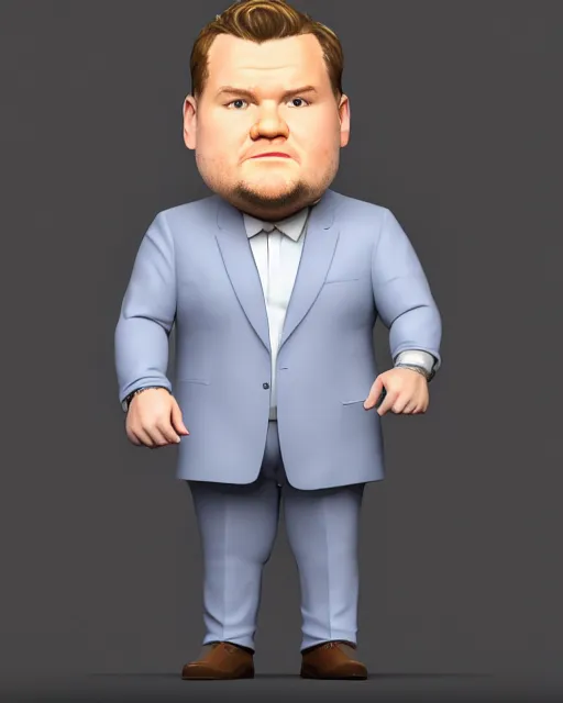 Image similar to full body 3d render of James Corden as a funko pop, studio lighting, white background, blender, trending on artstation, 8k, highly detailed