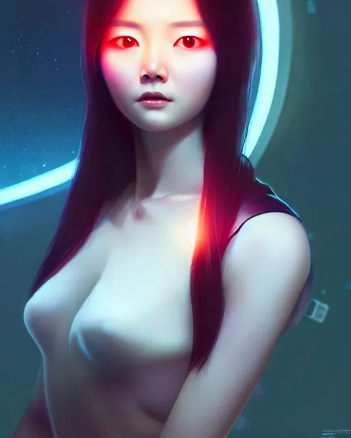 Image similar to kim hyun joo as an android, rose hair, highly detailed, cinematic, illuminated, sunny, beautiful girl, advanced technology, futuristic, digital painting by ilya kuvshinov, akiko takase, eugene gottsnake, stanislav istratov and su fu and antoine collignon