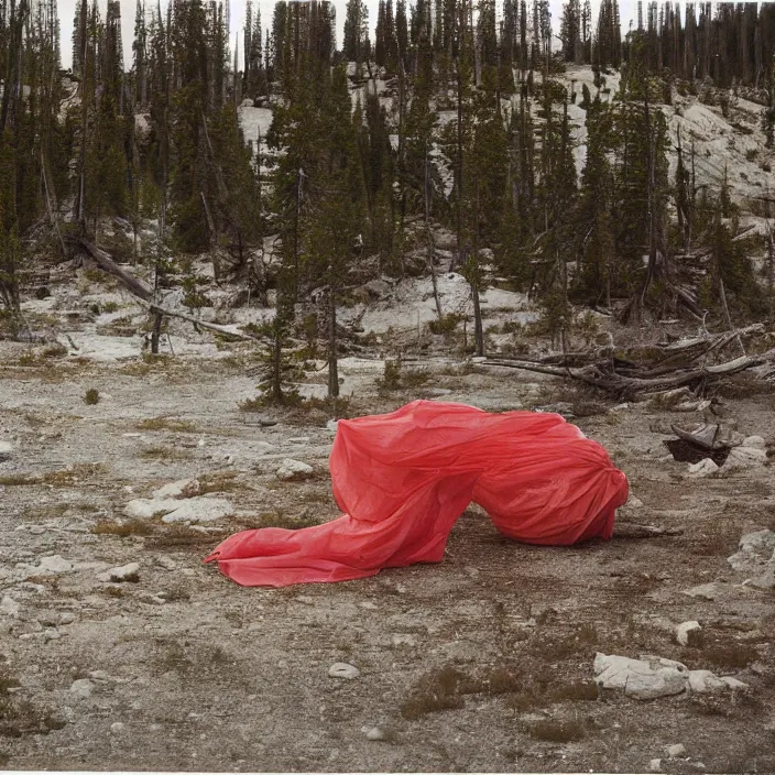 Prompt: a color photograph, closeup portrait of a woman wrapped in plastic, in grand yellowstone national park in wyoming, color photograph, by vincent desiderio, canon eos c 3 0 0, ƒ 1. 8, 3 5 mm, 8 k, medium - format print