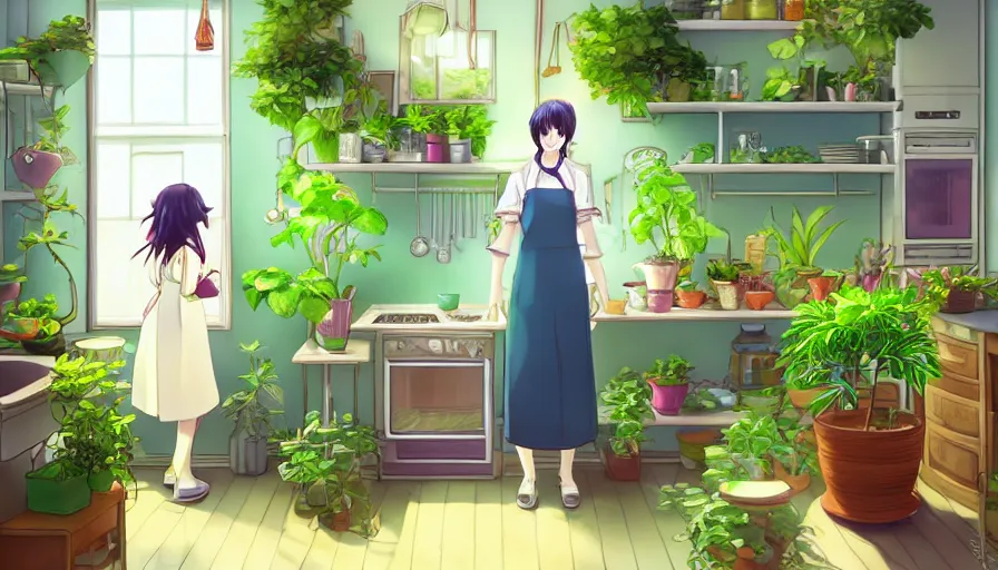 Prompt: a woman standing in a kitchen next to a plant that contains a small and thriving city, a storybook illustration by kiyohara tama, pixiv contest winner, magic realism, pixiv, official art, anime aesthetic