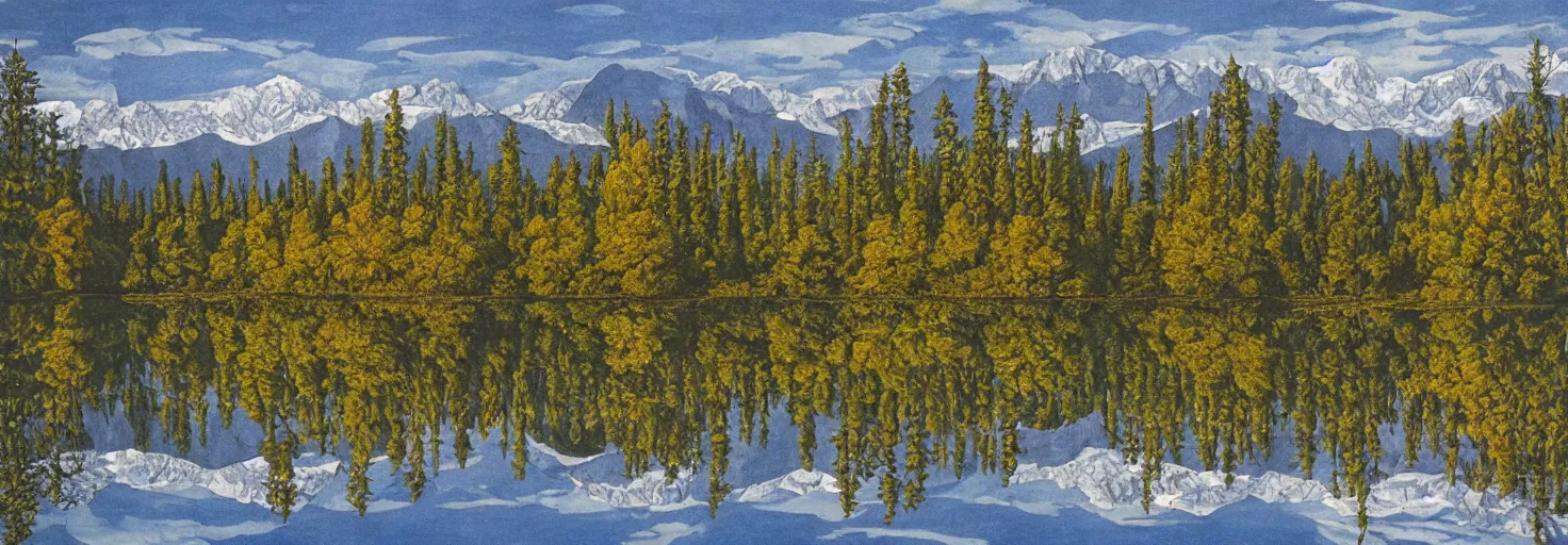 Image similar to escher painting of a lake, big trees reflecting on lake surface, mountains at background, snowy, ultra sharp, ultra detailed, colorized by salvador