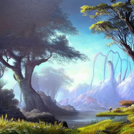 Image similar to large landscapes from another world, beautiful painting, very detailed fauna and flora, enhance lighting, the atmosphere is looking weird