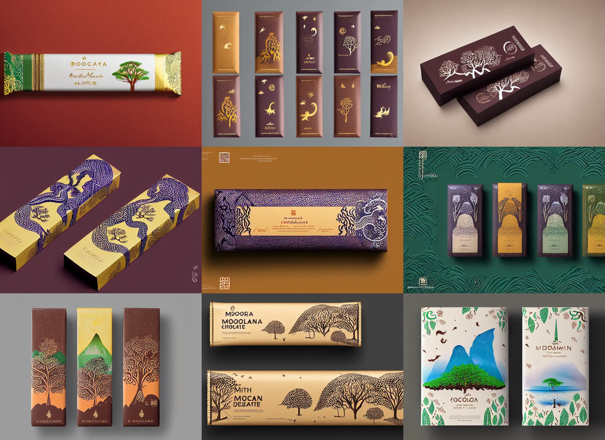 Prompt: conceptual designer chocolate bar packaging, inspired by moonlit socotra island with dragon trees, midsommar color theme, kerala motifs, label design, behance, pinterest, packaging of the world, award, front label, packaging design, octane render