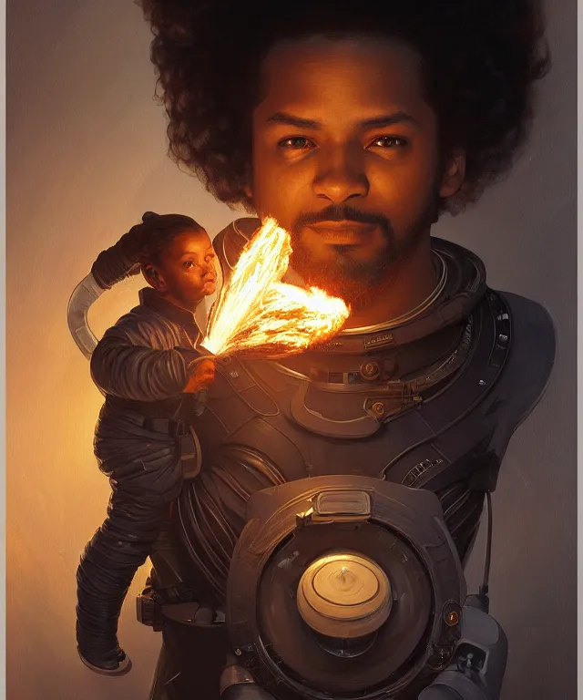 Prompt: Short muscular man in spacecraft loading bay holding a blowtorch, portrait, face, dark hair, black skin, sci-fi, intricate, elegant, highly detailed, digital painting, artstation, concept art, smooth, sharp focus, illustration, art by artgerm and greg rutkowski and alphonse mucha