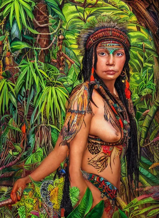 Image similar to a beautiful portrait of a beautiful female shaman healer with tribal paintings surrounded by leaves of jungle plants, ayahuasca, spiritual, high detail painting, fantasy art, highly detailed, realistic face