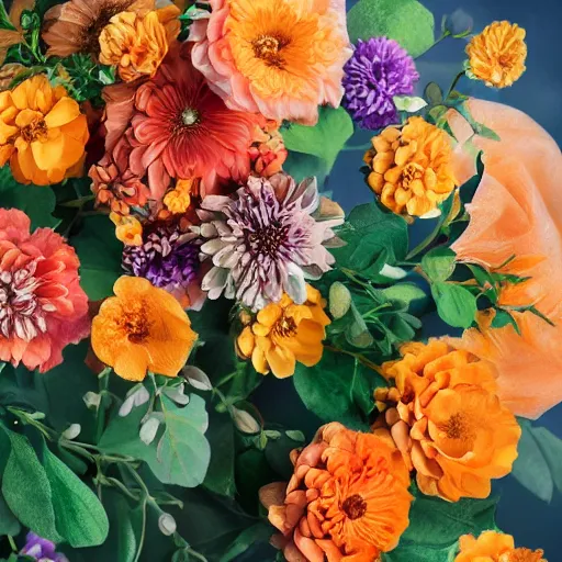 Image similar to a beautiful stunning fantasy matte digital painting of a bouquet made of orange roses and orange chrysanthemums and purple poppies and green eucalyptus and green flora, a photograph painted in the style of Bridal Magazine, professional floral arrangement, professional lighting, trending on artstation hq, contest winner