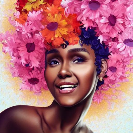 Prompt: portrait of a smiling beautiful black woman who looks like janelle monae with big curly afro surrounded by falling flower petals by argerm and by alphonse mucha, face by wlop, full color digital illustration trending on artstation, octane render