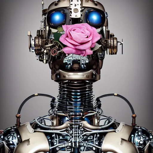 Prompt: a beautiful intricate fine art portrait photo of a a mechanical industrial steampunk cybernetic robot making silly funny faces, by tom bagshaw and zach sutton, roses surrounding the robot, perfection!, milk bath photography, studio lighting, 35mm lens, very detailed, bionic, cybernetic scifi, deep depth of field, artstation, 8K, highly coherent