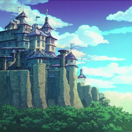 Prompt: castle in the sky, cyberpunk, studio ghibli, violet sky, anime background