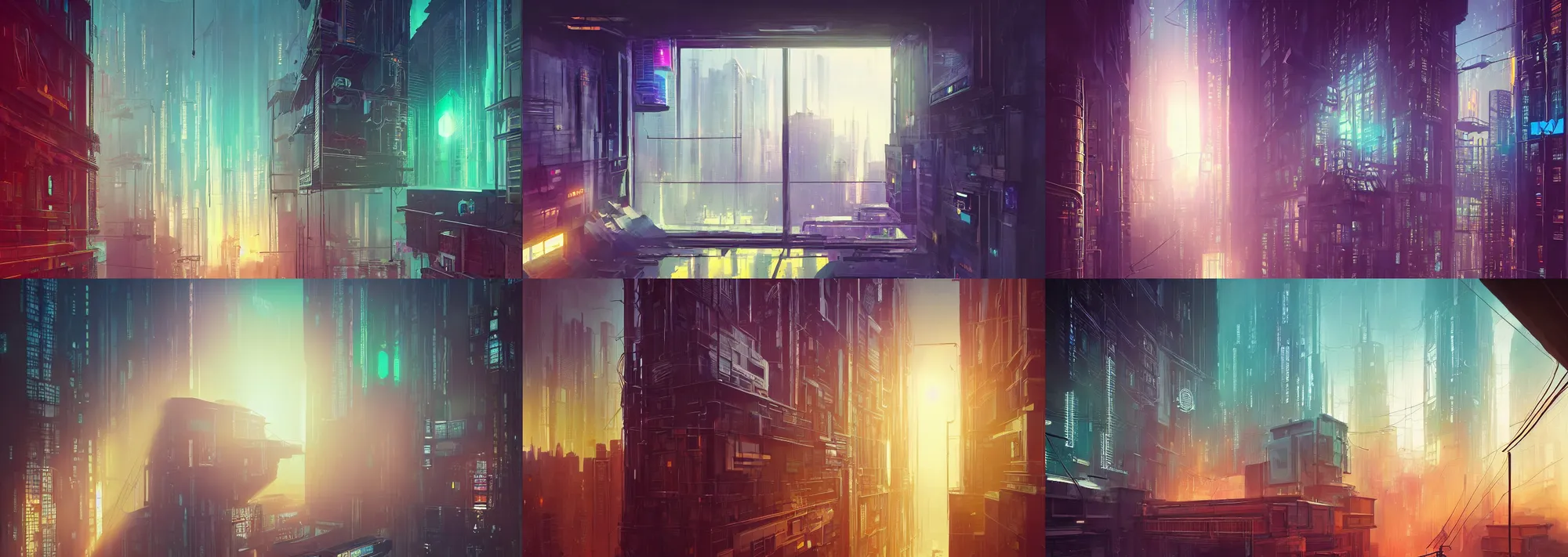 Prompt: picture of a loft in morning, luxury, interior design, tall windows, first light, sunshafts, science - fiction, cyberpunk city, billboards, volumetric lights, colorful, foggy day outside, concept art, art station, by alena aenami