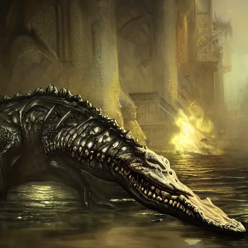 Image similar to an epic painting of an alligator dying to a dragon in Demon's Souls, trending on ArtStation