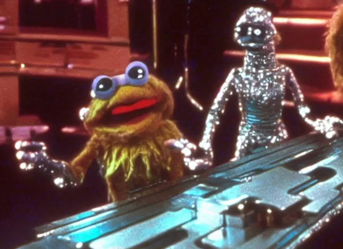 Prompt: scene from the 1982 science fiction film Muppet TRON