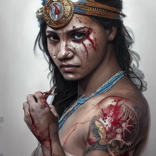 Prompt: portrait painting of a muscular bloodied indian girl butcher, tattooed, symmetric, fat, ultra realistic, concept art, intricate details, eerie, highly detailed, photorealistic, octane render, 8 k, unreal engine. art by artgerm and greg rutkowski and alphonse mucha