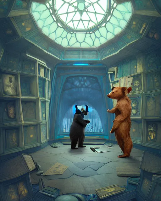 Image similar to anthropomorphic art of a detective bear inside tardis, victorian inspired clothing by artgerm, victo ngai, ryohei hase, artstation. fractal papersand books. highly detailed digital painting, smooth, global illumination, fantasy art by greg rutkowsky, karl spitzweg