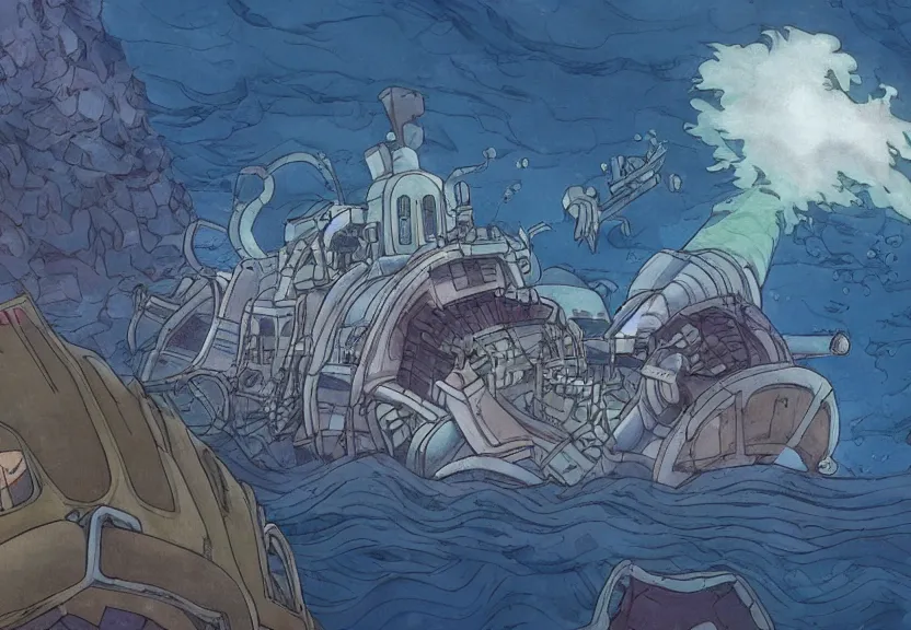 Image similar to a cell - shaded cartoon from howl'moving castle ( 2 0 0 4 ) showing a lovecraftian giant mechanized eel underwater. in the background is stonehenge on the bottom of the sea. very dull muted colors, hd, 4 k, hq