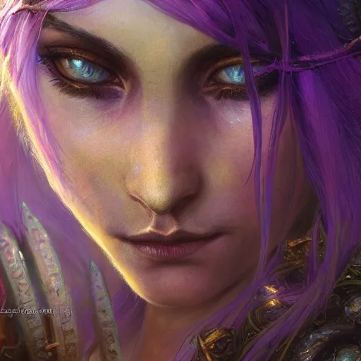 Image similar to ! dream night elf warden world of warcraft fantasy character portrait, close up, wide angle, ultra realistic, intricate details, the river girl weeps with sorrow and profound loss, highly detailed, abstract art piece by gaston bussiere, craig mullins, j. c. leyendecker