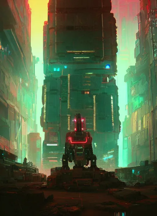 Image similar to a painting of a giant robot standing in front of a post apocalyptic city ruins, cyberpunk art by beeple, artstation hd, dystopian art, apocalypse art, sci - fi, glowing neon lights anamorphic lens flare