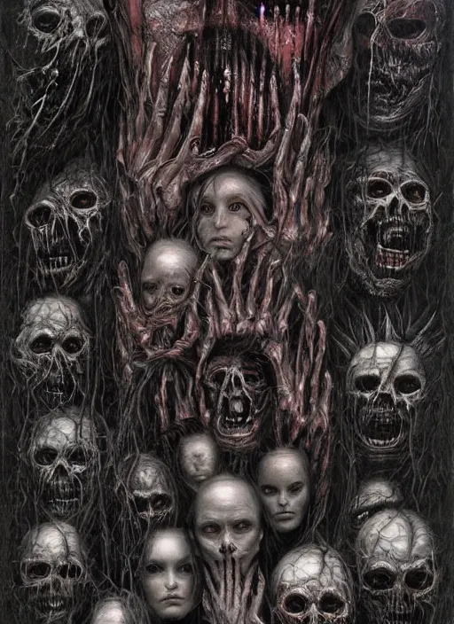 Prompt: a wall made of human faces stitched together in purgatory, creepy, melting, since, horror, art by gerald brom, giger, artgerm