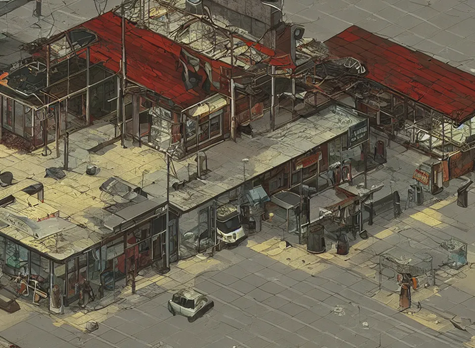Prompt: Screenshot of the outside of an abandoned rusty McDonald restaurant in Fallout 2 (1998), isometric perspective, postapocalyptic, bird's eye view, prerendered isometric graphics, high quality