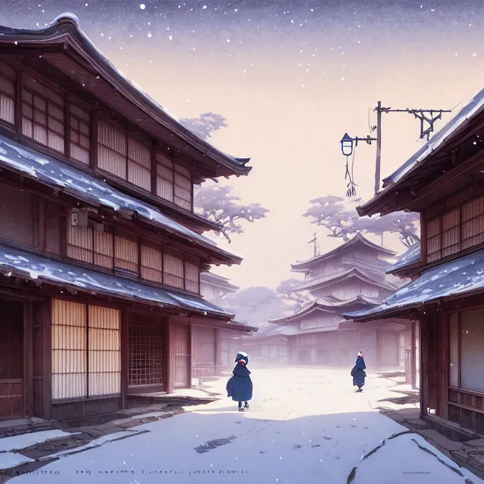 Prompt: empty rural japanese city, winter, in the style of studio ghibli, j. c. leyendecker, greg rutkowski, artem