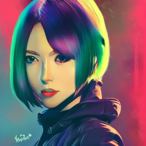 Prompt: half - electric woman with cute - fine - face, pretty face, oil slick multicolored hair, perfect face, extremely fine details, volumetric lighting, dynamic background, poster by ilya kuvshinov, mamoru hosada, katsuhiro otomo