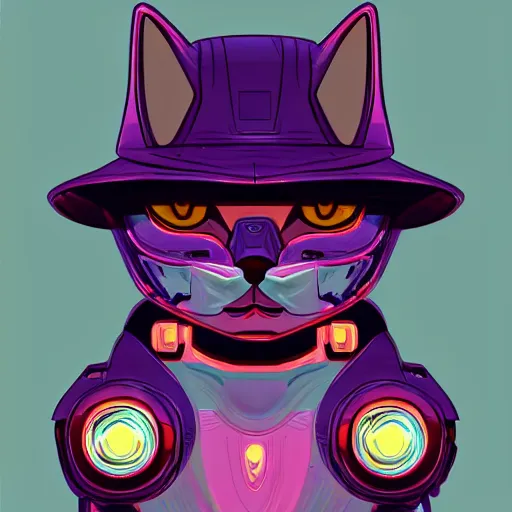 Image similar to a half robot cat wearing a hat, outrun, vaporware, shaded flat illustration, digital art, trending on artstation, highly detailed, fine detail, intricate