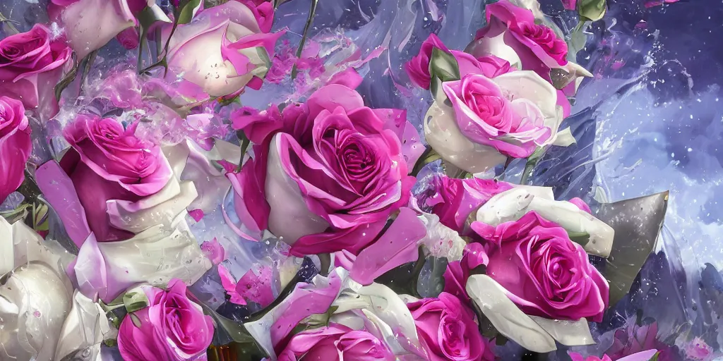 Prompt: background art of magic invisible blade slicing through a bouquet of white and pink roses, flowers exploding and spraying and splattering, big puffy clouds, exploding roses, large rose petals, lotus petals, large polygonal background elements, large polygons, dramatic anime, dramatic radiant lighting, artgerm, manga, trending on artstation, art nouveau, mature colors