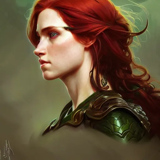 Image similar to Portrait of serious female ranger, D&D, green eyes, face, long red hair, fantasy, intricate, elegant, highly detailed, digital painting, artstation, concept art, smooth, sharp focus, illustration, art by artgerm and greg rutkowski and alphonse mucha