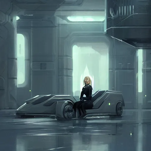 Image similar to concept art by greg rutkowski, a very tall, and slender blonde woman, sitting in the spaceship command bridge, brutalist futuristic interior, dark lighting atmosphere, detailed portraits, nostalgic atmosphere, scifi, digital painting, artstation, concept art, smooth, sharp foccus ilustration, artstation hq