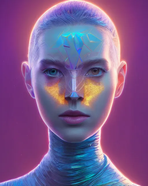 Image similar to highly detailed surreal vfx portrait of a metallic chromatic geometric tribal young woman, behance, stephen bliss, unreal engine, greg rutkowski, loish, rhads, beeple, makoto shinkai and lois van baarle, ilya kuvshinov, rossdraws, tom bagshaw, alphonse mucha, global illumination, detailed and intricate environment