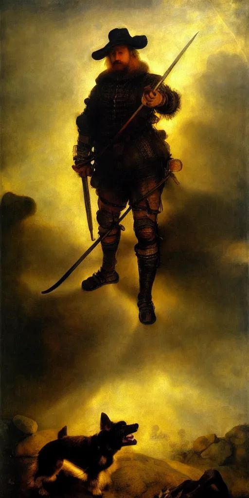 Prompt: dog as hunter with weapon, strong sun backlight sunrays body , extreme very textured detailed portrait oil painting by rembrandt, dramatic clouds and atmosphere
