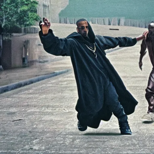 Image similar to film still of kanye west!!! as morpheus in the matrix