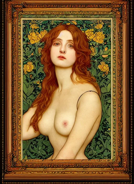 Image similar to masterpiece beautiful seductive flowing curves pose preraphaelite portrait photography, straight bangs, yellow ochre ornate medieval dress, mushroom forest arch, william morris and kilian eng and mucha, framed, 4 k