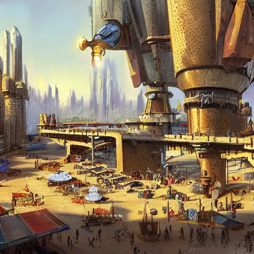 Image similar to a medieval marketplace next to a cyberpunk spaceport spaceship dock. used future aesthetic. digital matte painting by james gurney and david mattingly.