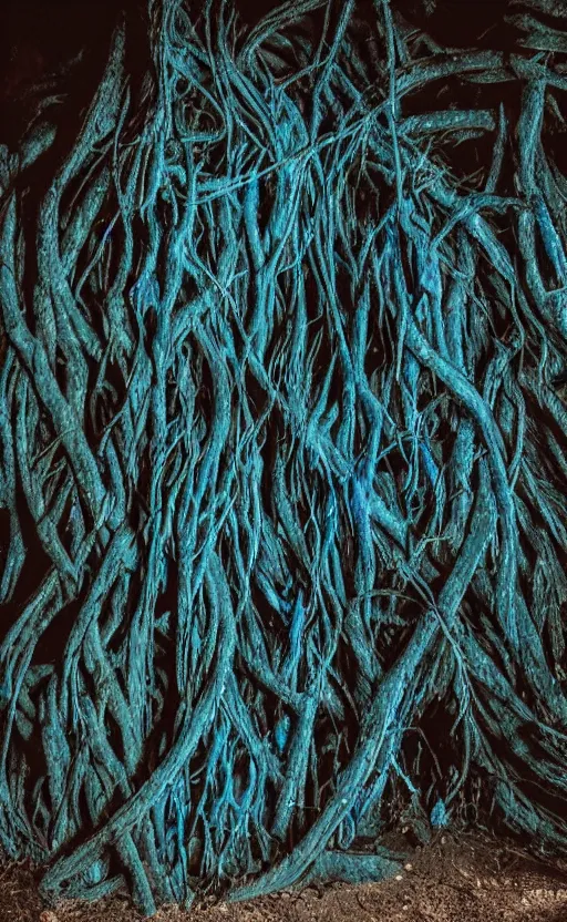 Prompt: blue vines in a dark cave, creepy