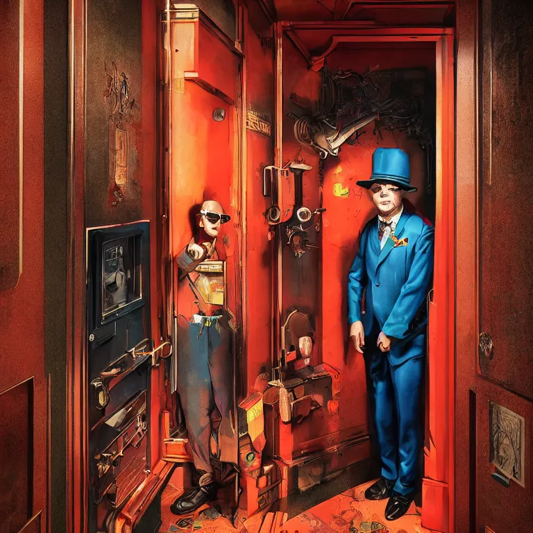 Image similar to professional octane render portrait by wayne barlow and carlo crivelli and glenn fabry, a sinister man in a bright colorful saturated wes anderson elevator operator costume inside a dark and moody vintage elevator in a high - end exotic vintage boutique hotel, very short depth of field