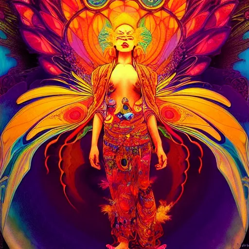 Prompt: psychedelic transcendent bodhisattva mind bending psychedelic wings of glossy liquid honey flowing like kaleidoscopic translucent amber, lsd feathers, honey wind, enlightenment, high contrast lighting, refracted sunset, highly detailed, concept art, art by collier, albert aublet, krenz cushart, artem demura, alphonse mucha