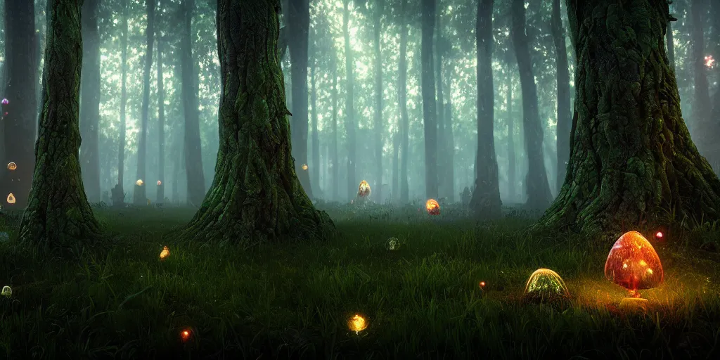 Image similar to the magical and mystical forest of vanaheim, scandinavian / norse influenced with magic mushrooms and glowing fireflies, cinematic, ray traced, octane render, cinematic lighting, ultrarealistic, featured on artstation, 8 k uhd artwork