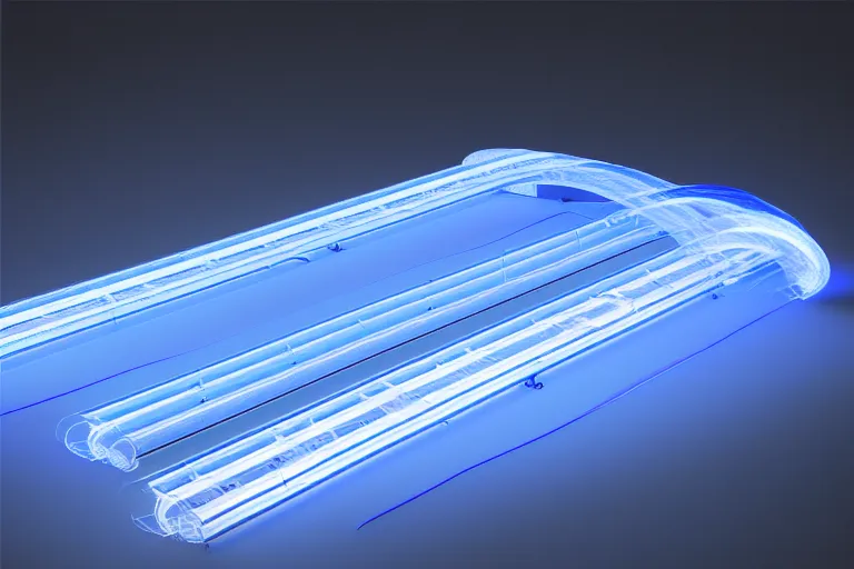 Prompt: transparent long clear dark blue plastic hyperloop conveyorbelt glowing in the dark