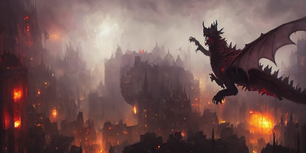 Image similar to an oil painting of dark fantasy dragon attacking a city, volumetric lighting, moody, creepy, by greg rutkowski, trending on artstation