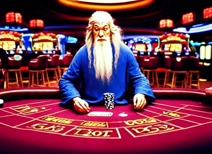 Image similar to film still of gandalf gambling in a casino in lord of the rings movie, 8 k