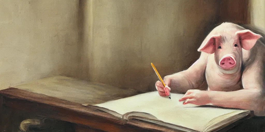 Image similar to detailed painting of a pig writing a novel