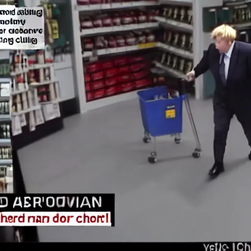 Prompt: Boris Johnson Shoplifting CCTV camera footage