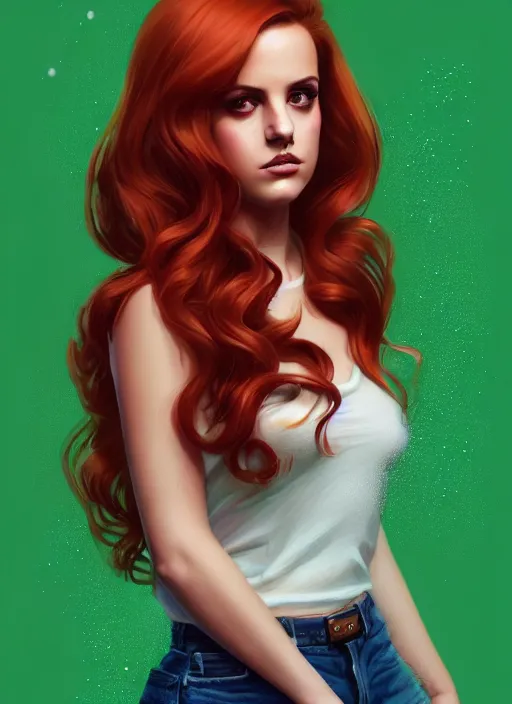 Image similar to full body portrait of teenage cheryl blossom, bangs, green eyes, mischievous expression, red hair, sultry smirk, bangs and wavy hair, intricate, elegant, glowing lights, highly detailed, digital painting, artstation, concept art, smooth, sharp focus, illustration, art by wlop, mars ravelo and greg rutkowski